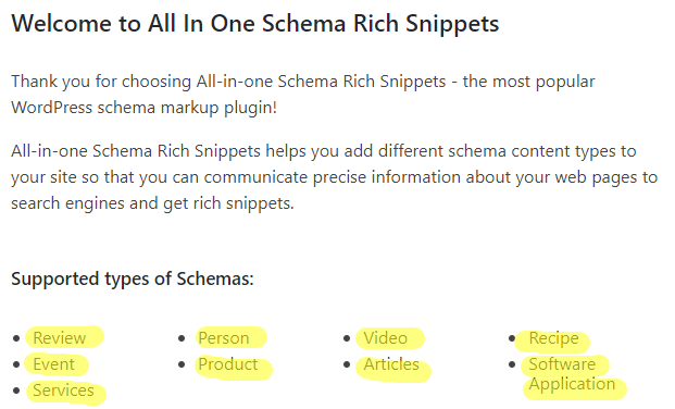 Schemas soportados por el plugin de WordPress