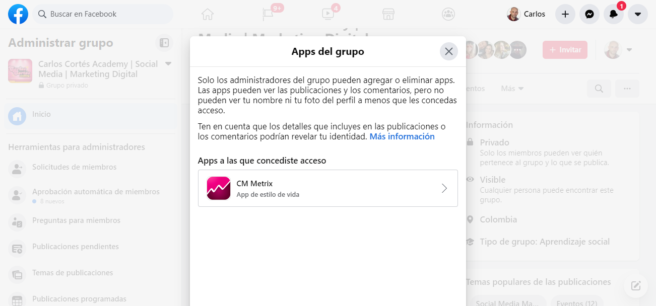Vinculando una app a un grupo de Facebook